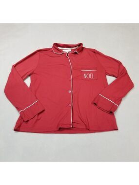 Rae Dunn Christmas Pajama Top Womens Size M Red Button Long Sleeve Noel